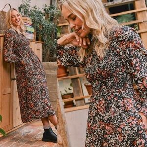 Fat Face Fern Blush Dark Floral Midi Dress Size 6 Pockets Cottagecore Prairie